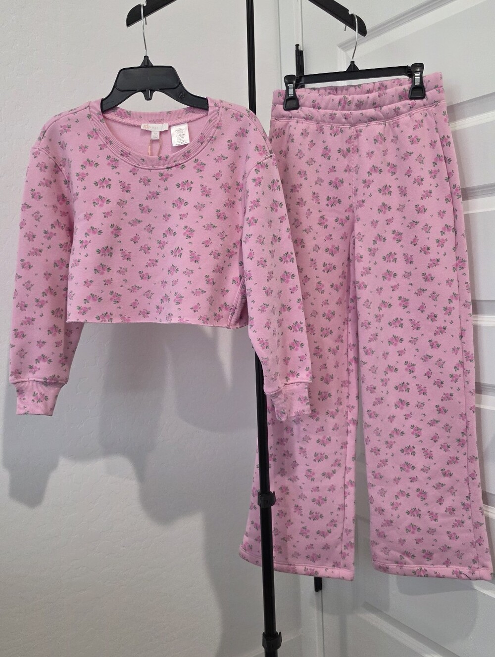 GB Girls Rosebud Cropped Sweatshirt Wide Leg Pants 2-Pc Set Pink Sz M L XL